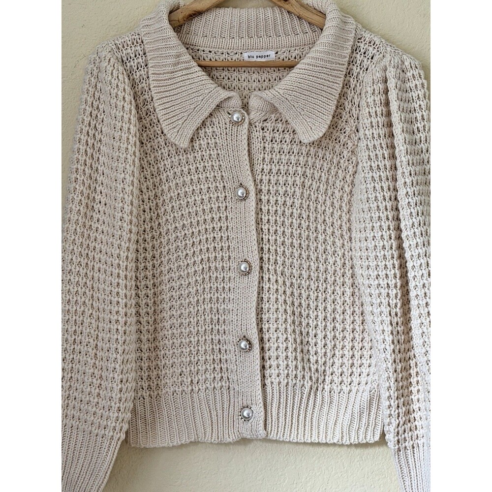 Blu Pepper Womens L Cream Open Knit Cardigan Pearl Button Collared Sweater